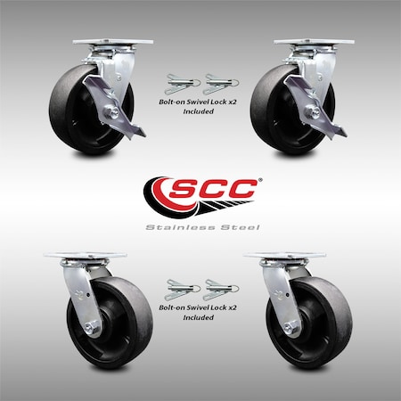 Service Caster 6 Inch SS Glass Filled Nylon Caster Set with Roll Bearings 4 Swivel Lock 2 Brake SCC-SS30S620-GFNR-TLB-BSL-2-BSL-2